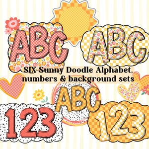 Alfabeto de verano PNG, paquete de letras de cuadros brillantes, garabato floral soleado, letra de garabato de color naranja amarillento, fondo dálmata, garabato de marquesina