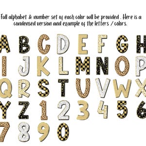 May include: A full alphabet and number set in various colors. The letters and numbers are in different patterns, including leopard print, stars, and checkered designs. The text at the top says, "Full alphabet & number set of each color will be provided."