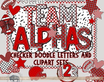 Team spirit Alphabet PNG bundle, Football png scarlet red gray Checker letters, sports Doodle font, Game day 4 Alpha pack, Marquee letters