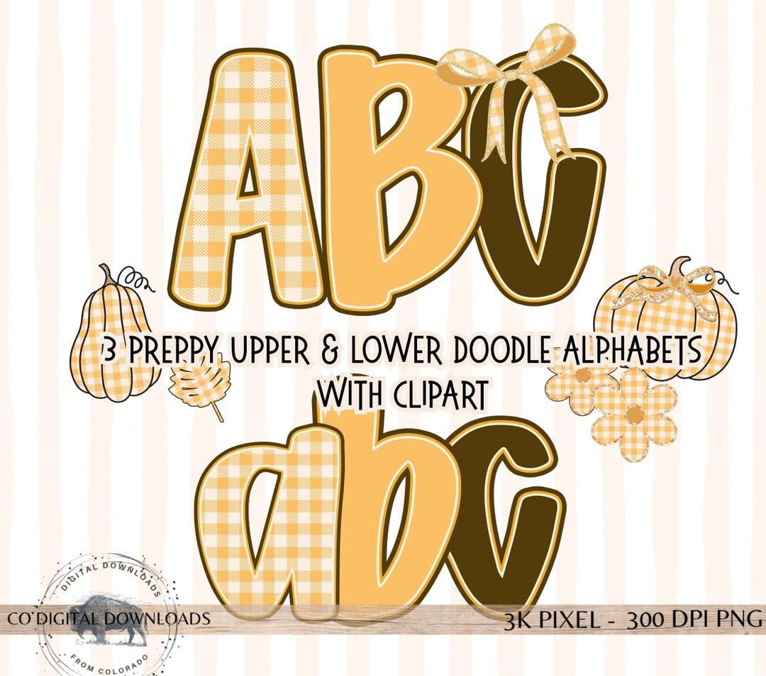 Preppy Fall Alphabet PNG Bundle, Thanksgiving Font Doodle Font Letters ...