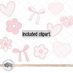 Puede incluir: Una colecci&oacute;n de elementos de clipart rosas, que incluyen corazones, lazos y flores. Los dise&ntilde;os presentan varios patrones como rayas, lunares e estampados florales. El texto "Included clipart" se muestra en el centro.
