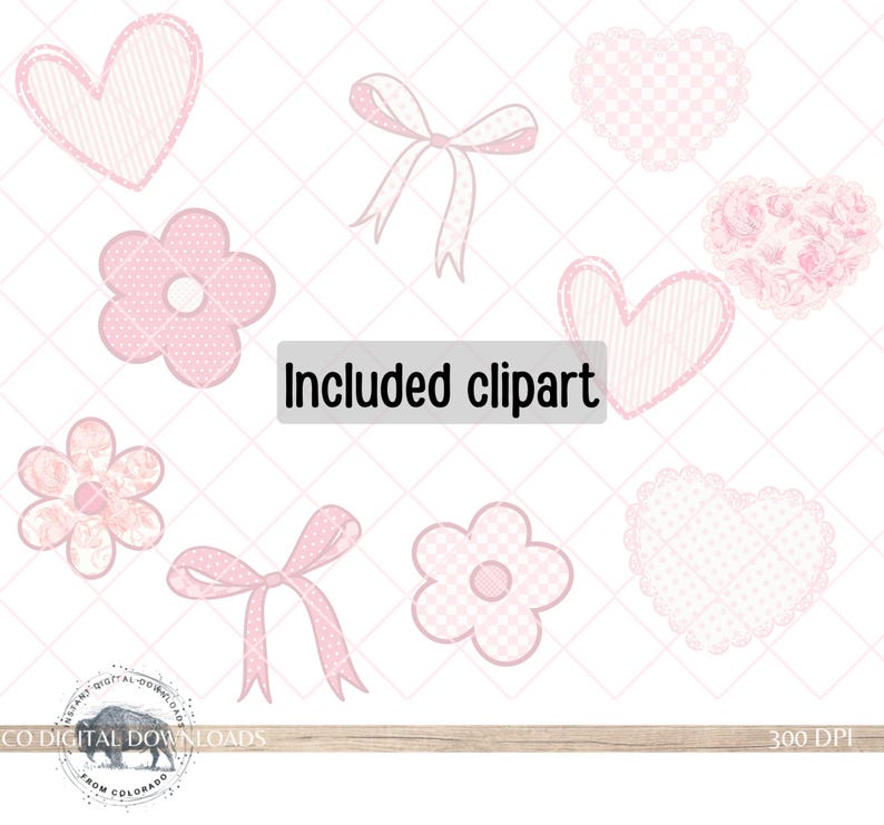 Puede incluir: Una colecci&oacute;n de elementos de clipart rosas, que incluyen corazones, lazos y flores. Los dise&ntilde;os presentan varios patrones como rayas, lunares e estampados florales. El texto "Included clipart" se muestra en el centro.