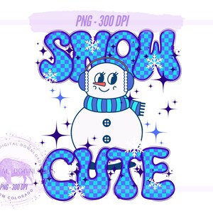 Bonhomme de neige mignon de neige png pour la conception de t-shirt par sublimation, doodle PNG mignon d'hiver bleu, damier groovy rétro, adolescente jeunesse, téléchargement numérique