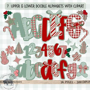 Pode incluir: Um design digital com alfabetos e números de doodle superiores e inferiores, além de clip art com tema de Natal. As letras e os números são em xadrez vermelho e verde e listras de bengala doce, com elementos decorativos como estrelas e azevinho.