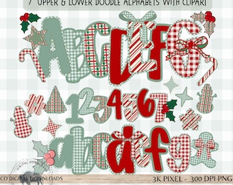 Pacchetto di lettere dell'alfabeto natalizio preppy in formato PNG, lettere doodle rosse e verdi, set di 7 lettere dell'alfabeto in stile Gingham Grandmillennial Holiday con decorazioni a tema pan di zenzero e clipart.