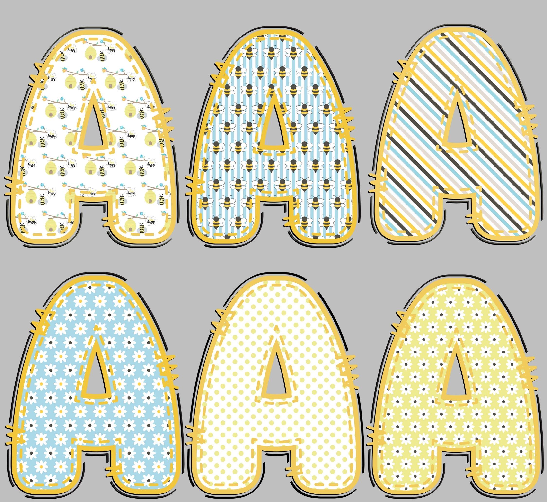 Bumble Bee Alphabet Bundle PNG, Spring Alpha Doodle Letters, Blue ...