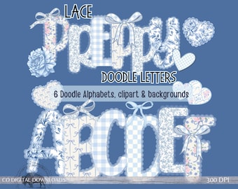 Lace Floral Alphabet PNG bundle, Preppy Blue Toile letters, bow Digital Doodle font, Gingham Alpha letter, Grandmillenial aesthetic clipart