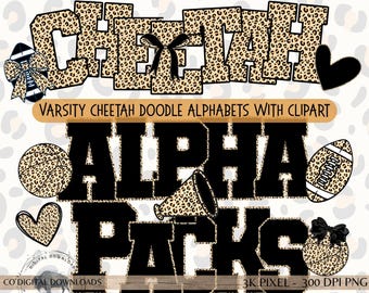 Cheetah Alphabet Bundle PNG & numbers, Varsity sports letters, animal Doodle font, Leopard print, Black brown Alpha, football bulletin board