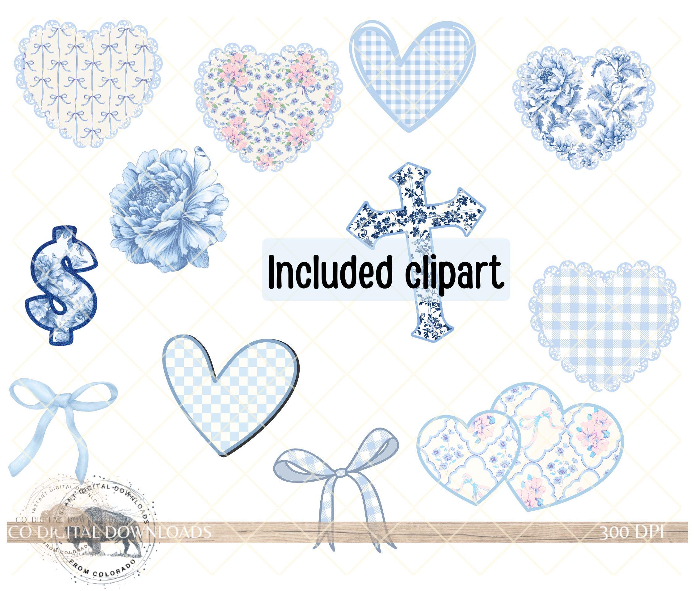 Lace Floral Alphabet PNG Bundle, Preppy Blue Toile Letters, Bow Digital ...