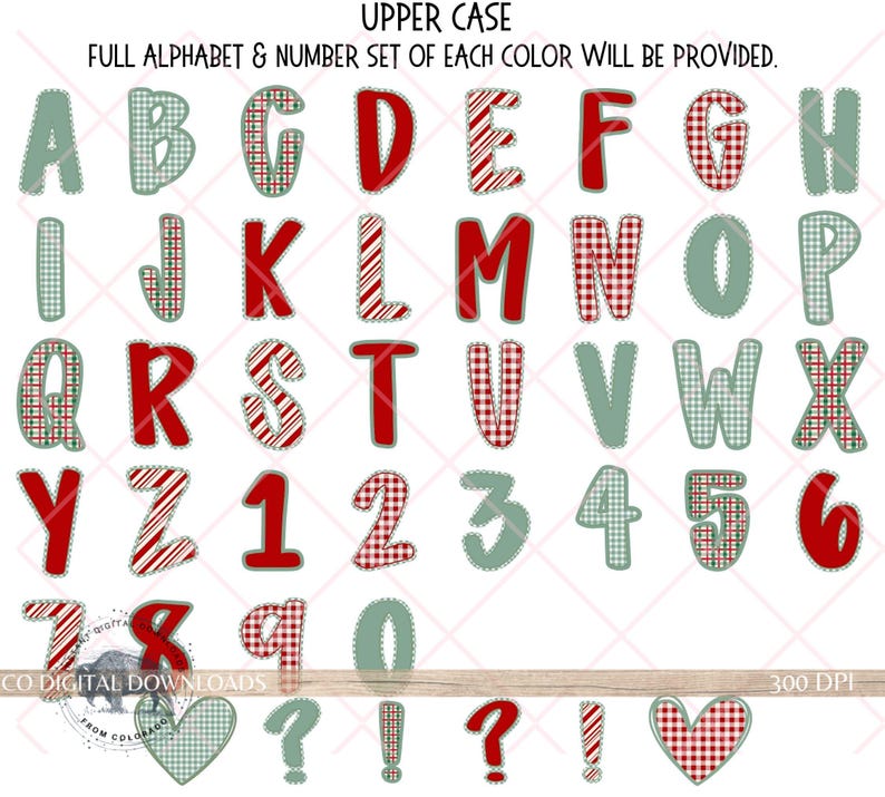 Preppy Christmas Alphabet Bundle PNG, Red Green Doodle Letters, Gingham ...