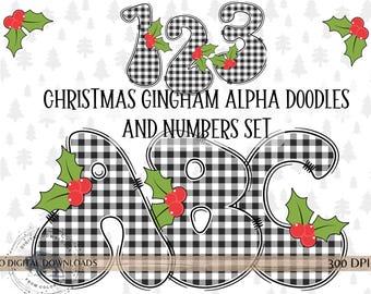 gingham Christmas Alphabet PNG, Groovy Christmas Letters, Black white buffalo check, holiday Alpha Doodle Set, sublimation & bulletin boards