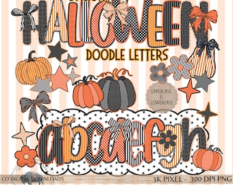 Preppy Halloween Alphabet PNG bundle, Black orange stripe doodle font, polka dot Halloween letters, Spooky Alpha, marquee bulletin board