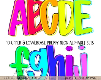 Neon Alphabet png Bundle, bright Alpha Doodle letters, teacher font, preppy 10 Alpha Set, sublimation & classroom bulletin board