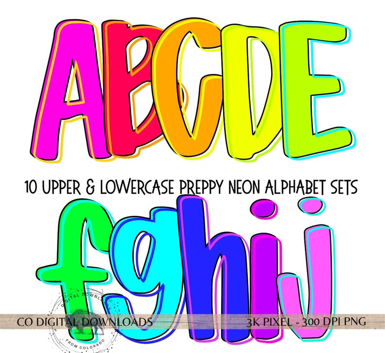 Neon Alphabet Png Bundle, Bright Alpha Doodle Letters, Teacher Font ...
