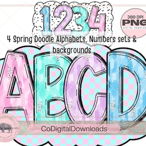 Paquete de alfabeto de trazos de pincel de primavera png, letras de garabatos alfa de Pascua png, conjunto de 4 letras alfa en color pastel para imprimir en PDF, marquesina dálmata