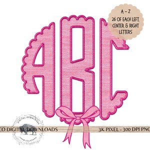May include: A pink monogram design with the letters "ABC" in a stitched style, set against a white background. The design has a scalloped edge and a bow. The image text states it includes 26 letters each, left, centre, and right. The image is 3K pixel and 300 DPI PNG.