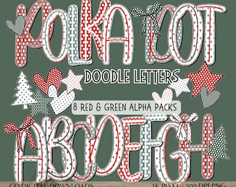 Brushstroke Christmas Alphabet png clipart, polka dot Letter and Number Bundle, Preppy Doodle, Sublimation Alpha set, Coquette Winter