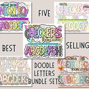 Checker Alphabet Bundles PNG, 5 sets of Retro Alpha Doodle letters, Checkered font PNG,  Marquee bulletin, Bright, Neon, Boho Pastel primary