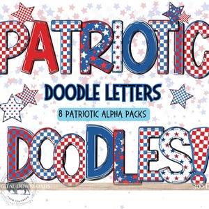 Pacchetto alfabeto doodle patriottico, lettere PNG del 4 luglio, numeri, Memorial Day, sublimazione rosso bianco blu, alfabeto stella, Alpha Bulletin