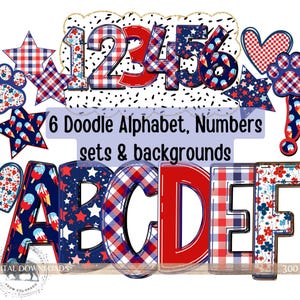 Klassiek 4 juli-alfabet PNG, patriottische doodle alfabetbundel, cijfers, rood wit blauwe letter, geruite VS Bulletin, dalmatische feesttent