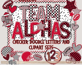 Team spirit Alphabet PNG bundle, Football png Red & Black Checker letters, sports Doodle font png, Game day 4 Alpha pack, Marquee letters