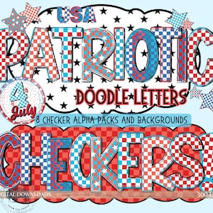 Patriotic Checker Alphabet Bundle PNG, Alpha Doodle letters, Checkered Letter PNG, retro 4th of July, 8 Alpha Set, Dalmatian Marquee letter