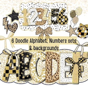 Könnte beinhalten: Eine Sammlung von Doodle-Alphabeten, Zahlen und Hintergrunddesigns. Die Designs zeigen goldene Glitzer, Leopardenmuster und schwarz-weiß karierte Muster. Das Bild enthält die Zahlen 1-6, die Buchstaben A-F, Schleifen, Sterne und Luftballons.