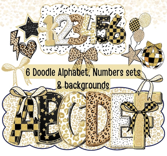 Black & Gold Alphabet PNG bundle: Glitter New Year letters, Cheetah leopard Doodle Font, Animal print party bulletin board