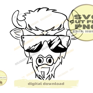 May include: A black and white line drawing of a bison wearing sunglasses with a mountain range design. The bison has a large, bushy beard and a serious expression.