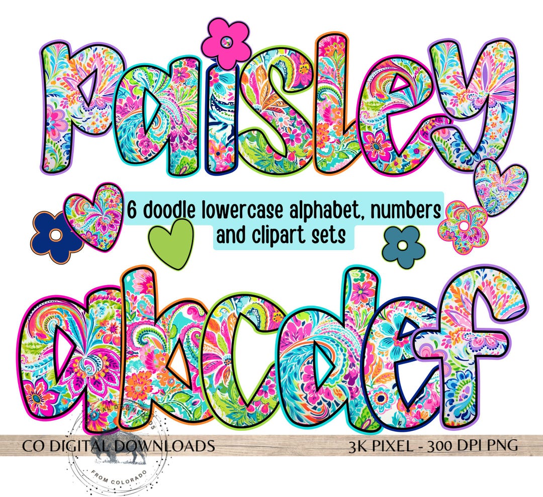 Preppy Floral Alphabet Bundle PNG, Paisley Alpha Doodle, Bright ...
