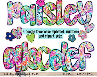 Preppy Floral Alphabet Bundle PNG, Paisley Alpha Doodle, Bright colorful Letters, Summer vacation, Bulletin Board Alpha Set