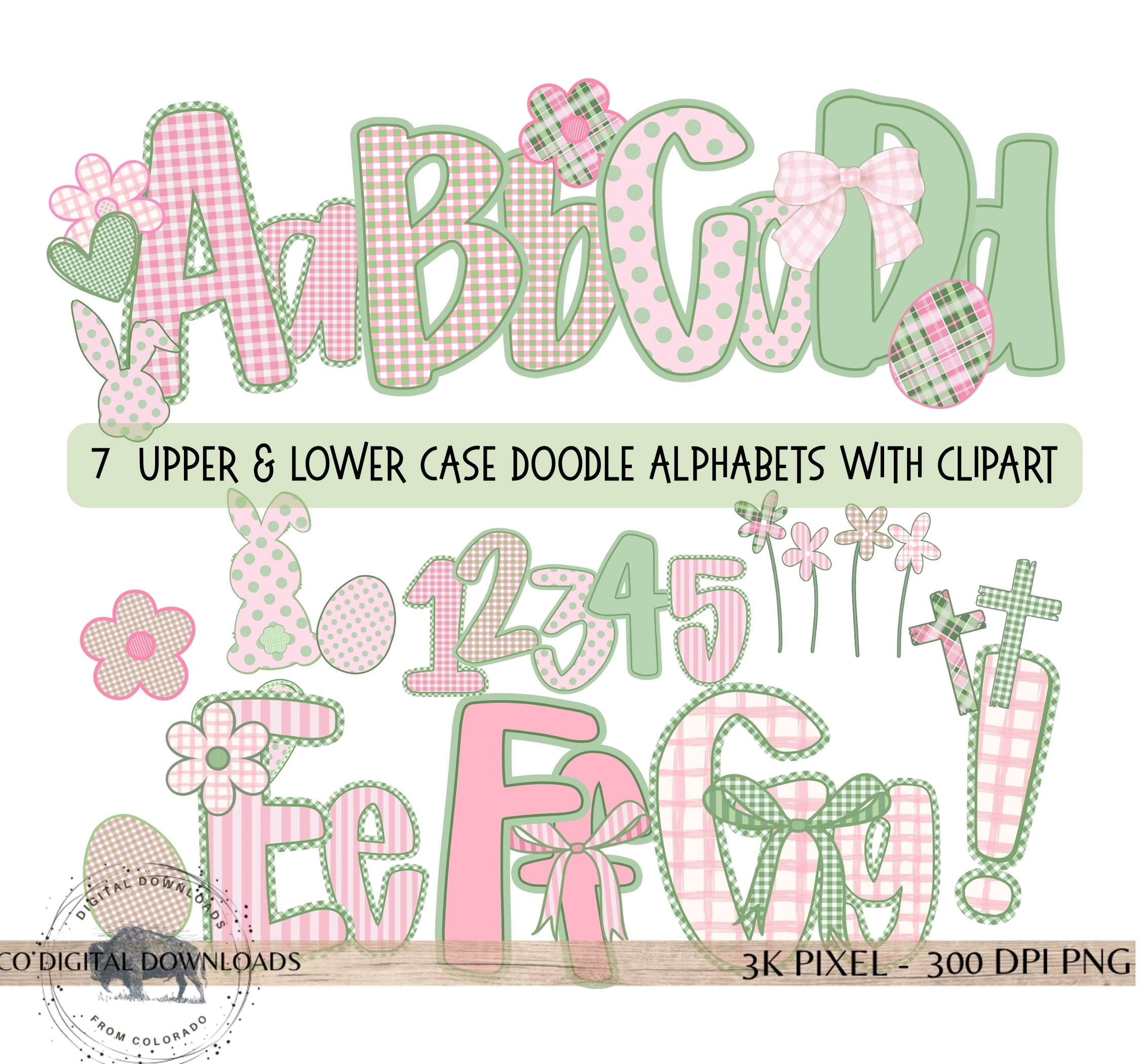 Preppy Pastel Spring Alphabet Bundle PNG, Pink Green Alpha Doodle ...
