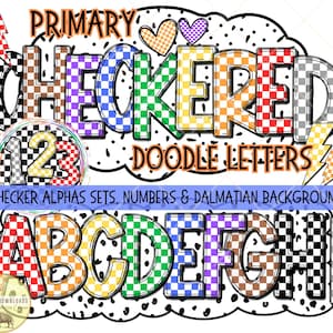 Alfabeto de cuadros, letras de garabatos alfa PNG, letras de cuadros imprimibles PNG, conjunto de 9 colores primarios, punto dálmata, letra de marquesina