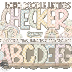 Checker Alphabet Bundle, Boho Alpha Doodle Buchstaben png, Groovy Karierte Buchstaben PNG, weiche neutrale Herbstfarben, 7 Alpha-Set, Marquee Clipart