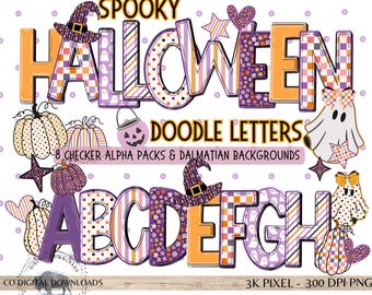 Pastel Halloween Alphabet PNG bundle, Preppy checker font, Fall doodle letters, Spooky purple orange, marquee bulletin board letter clipart