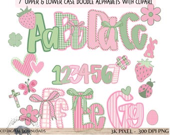 Pink Green Alphabet Bundle PNG, Preppy spring Gingham letters, Pastel Alpha Doodle, Grandmillenial Easter Clipart, upper lowercase, bulletin