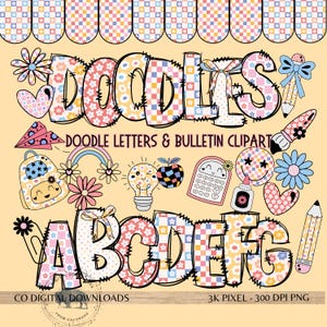Back to school Alphabet Bundle PNG, groovy Doodle font, classroom clipart, Class Alpha Set,  Marquee bulletin board kit, floral letters
