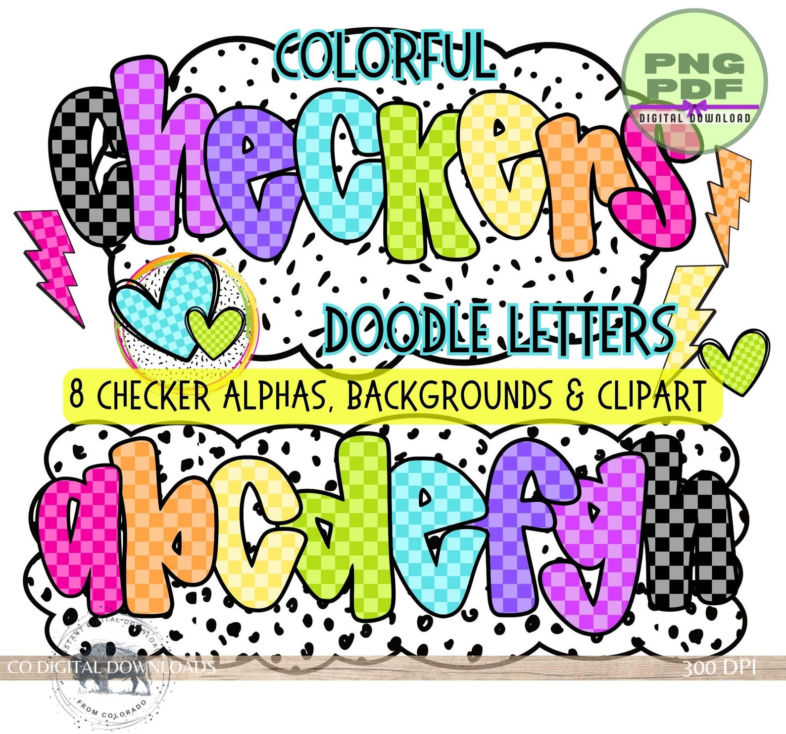 Colorful Checker Alphabet Bundle PNG, Graffiti Alpha, Bright Doodle ...