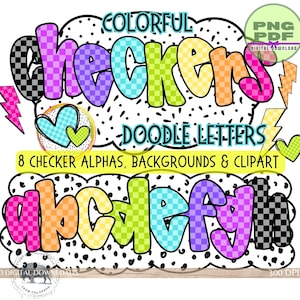 May include: A digital design featuring the words "COLORFUL CHECKERS DOODLE LETTERS" in bubble letters with checkerboard patterns. The design includes lightning bolts, hearts, and the alphabet, all in vibrant colors. The text "8 CHECKER ALPHAS, BACKGROUNDS & CLIPART" is also included.