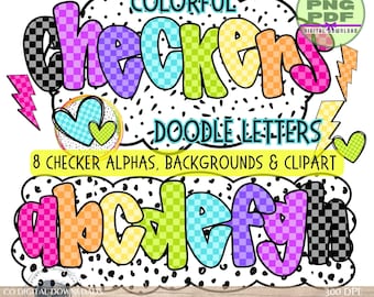 Colorful Checker Alphabet Bundle PNG, preppy Alpha set, Bright Doodle letters, Bubble class font, Marquee printable bulletin board letters