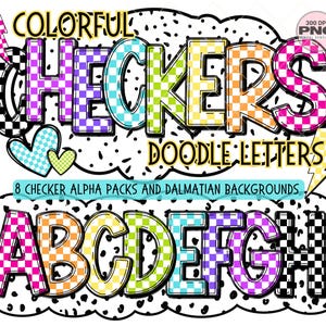 Alfabeto de cuadros, letras alfanuméricas PNG, letras a cuadros imprimibles PNG, conjunto de 8 alfabetos de colores brillantes, puntos dálmatas, letras de marquesina