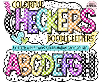 Pacote de alfabeto xadrez, letras alfabéticas PNG, letras quadriculadas PNG para impressão, conjunto de 8 cores brilhantes, pontos dálmatas, letras de letreiro