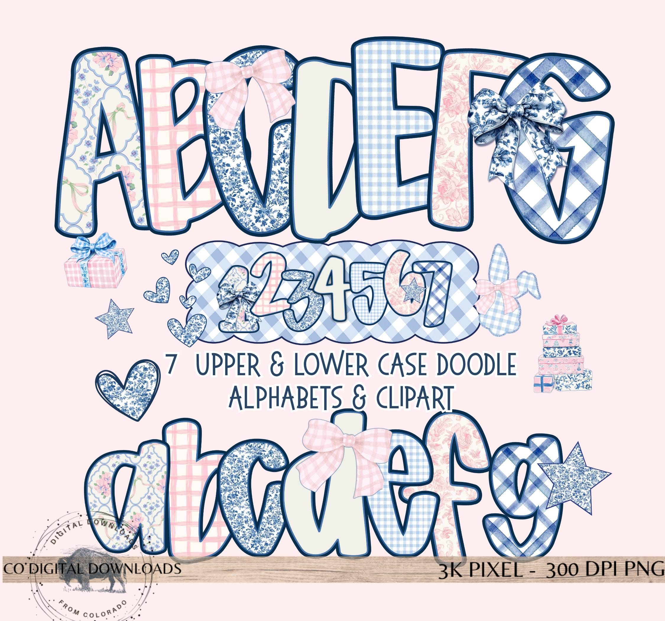 Preppy Grandmillenial Alphabet Bundle PNG, Blue Toile Doodle Letters ...