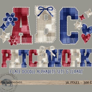 May include: Digital graphic featuring the letters A, B, C and the word PATCHWORK in a plaid pattern with white lace-style borders. Includes decorative flowers, stars, and hearts in red, blue, and beige. Text reads 3 LACE DOODLE ALPHABETS SETS & CLIPART.