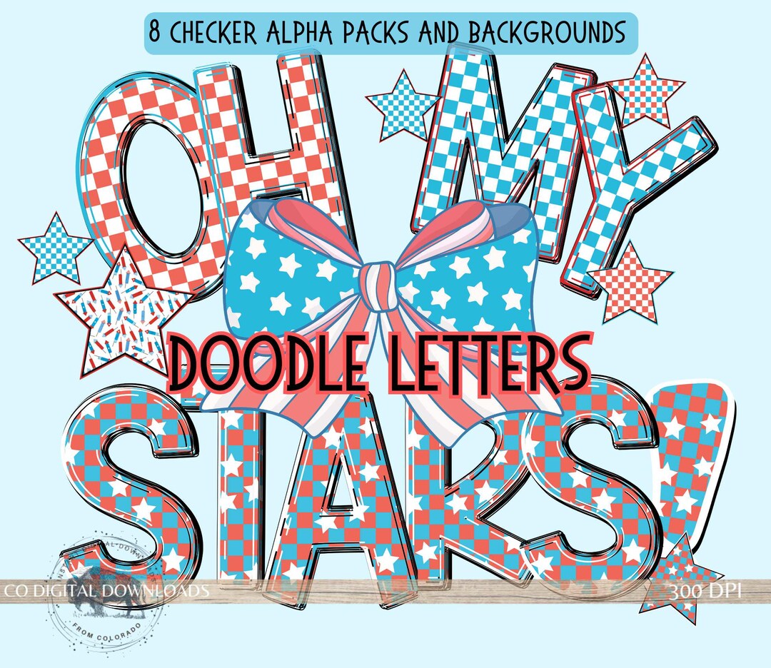 4th of July Alphabet Bundle PNG, Patriotic Alpha Doodle Letters, Retro ...