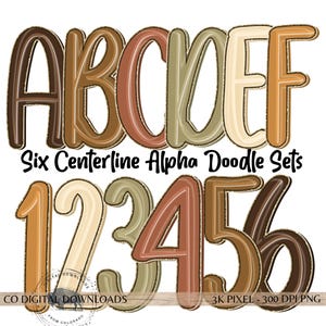 Könnte beinhalten: Ein digitales Grafikset mit den Buchstaben A bis F und den Zahlen 1 bis 6 im handgezeichneten Doodle-Stil mit Mittellinien-Effekt. Die Zeichen sind in erdigen Tönen wie Braun, Beige und Salbeigrün mit einer texturierten Kontur dargestellt.