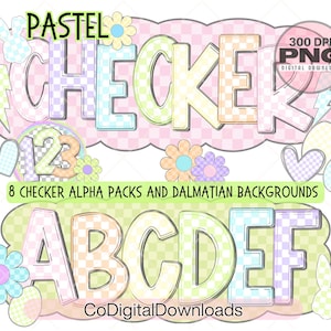 Pacote de alfabeto Pastel Checker, letras de Páscoa Alpha Doodle png, letras quadriculadas PNG, cores de primavera 8 conjuntos alfa, letra Dalmatian Marquee