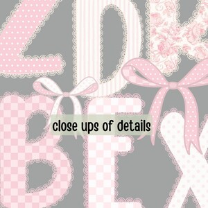Puede incluir: Primer plano de detalles con letras en rosa con varios patrones, incluyendo lunares, rayas y dise&ntilde;os florales. Cada letra est&aacute; delineada con encaje blanco y adornada con lazos rosas. El texto "close ups of details" es visible.