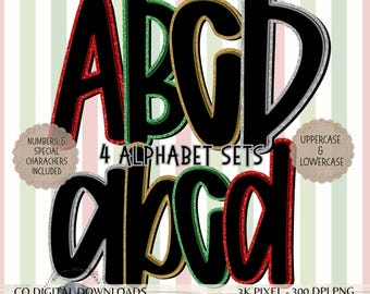 Preppy Christmas Alphabet Bundle PNG, Glitter Doodle letters, Black Holiday font, red green gold silver numbers, christmas bulletin board