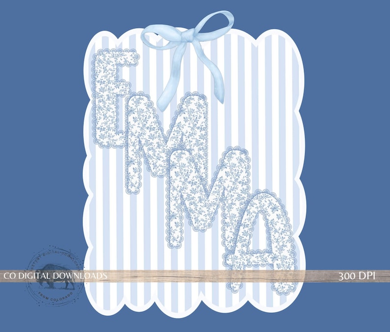Lace Floral Alphabet PNG Bundle, Preppy Blue Toile Letters, Bow Digital ...